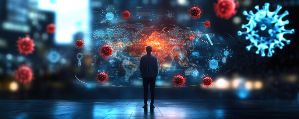 A person gazes at a digital world map overwhelmed by representations of viruses, illustrating the ongoing impact of global pandemics and the importance of data in understanding health crises.