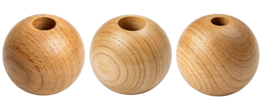Three light brown wooden balls isolated with transparent background