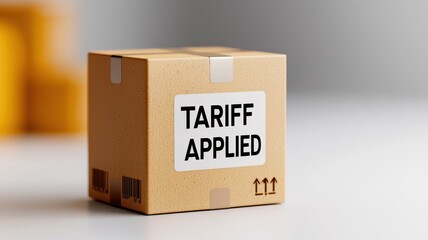 A small cardboard box with a label stating "TARIFF APPLIED," indicating additional charges related to shipping or import fees.