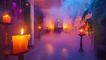 Halloween Costume Party creepy atmosphere with fog, flickering candles, and sinister-looking decorations