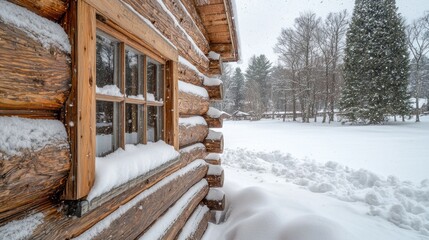 Fototapeta premium Log cabin window in snowy winter woods, cozy retreat