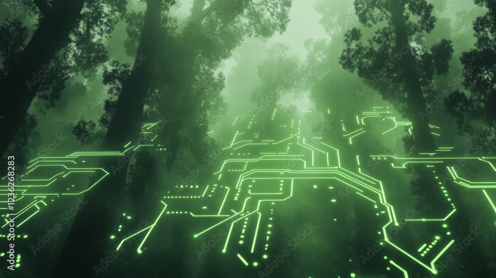 Poster digital circuitry overlay in green forest environment with mist