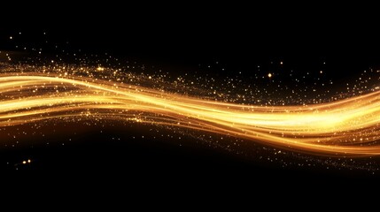 Golden Sparkle Wave with Glitter and Light on Black Background