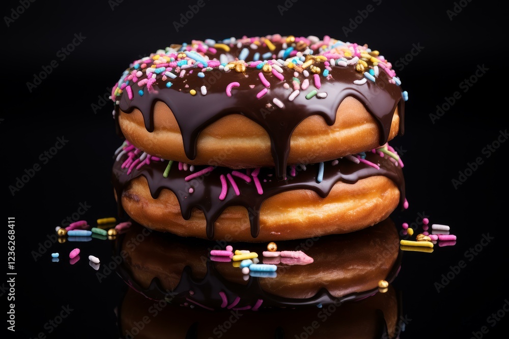 Poster two delicious chocolate frosted donuts stacked on a black reflective surface, creating a visually ap
