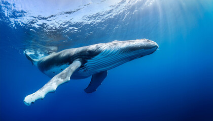 Fototapeta premium Una gran ballena azul nadando en libertad bajo el agua en el mar azul cerca de la superficie