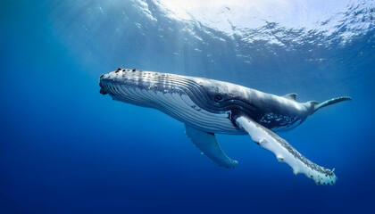 Fototapeta premium Una gran ballena azul nadando en libertad bajo el agua en el mar azul cerca de la superficie