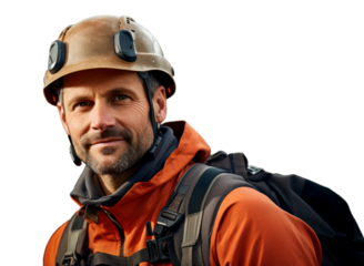 Arborist portrait on a white background. Portrait of lumberjack