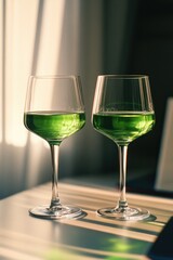 Two green wineglasses on a table, waiting to be filled with a glass of wine.