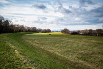 Embankment and open grass flood plane area  along river Sava, Zagreb, Croatia