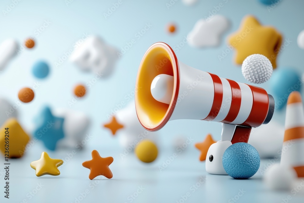 Poster vibrant 3d digital rendering of a red and white striped loudspeaker or alert device surrounded by va