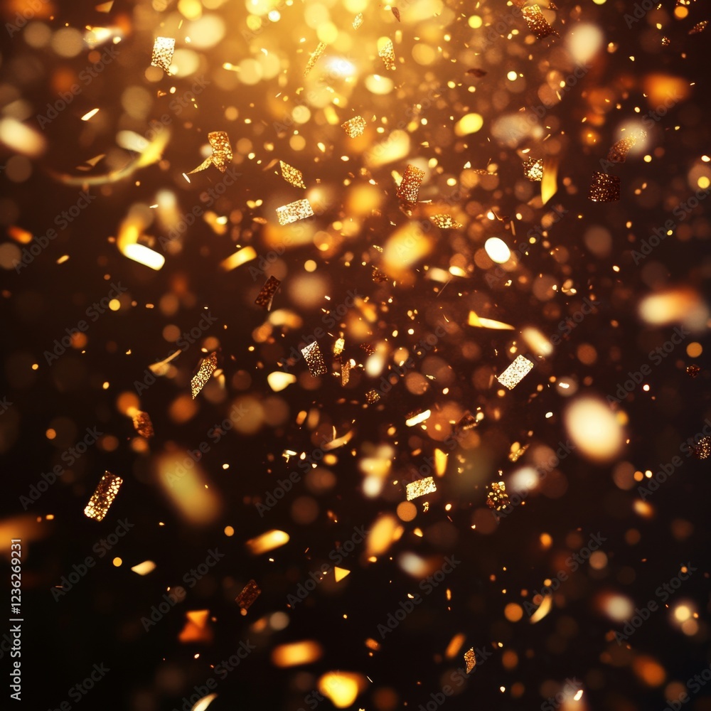 Poster golden glittering particles with sparkles in soft light background