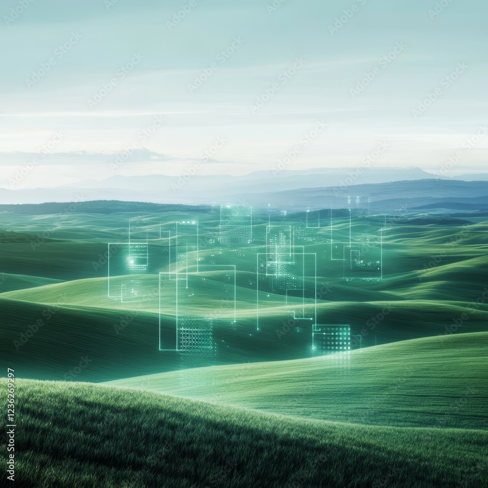 Poster digital landscape with abstract technology elements and green fields