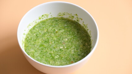 Thai spicy seafood dipping sauce on white bowl