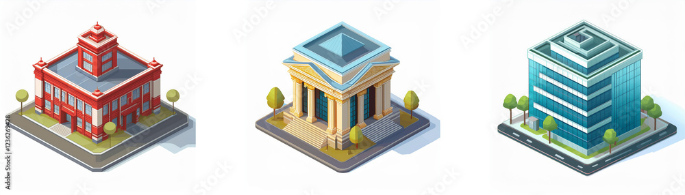 Poster isometric view of three different building types: a red brick building, a classical-style building, 