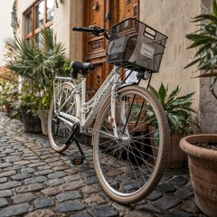 Peaceful Vintage Bicycle with Rustic Charm on Cobblestone Street with Copy Space
