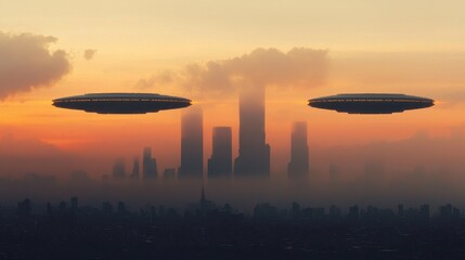 Fototapeta premium Futuristic Cityscape with Flying Saucers at Sunset Over Urban Skyline
