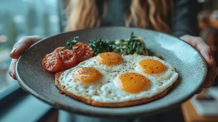 Woman holding plate of breakfast eggs, tomatoes, and greens in cafe