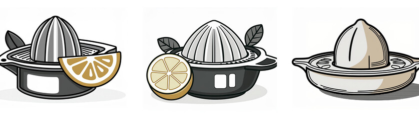 Three citrus juicers, kitchen utensils, shown as icons;  different styles and designs.