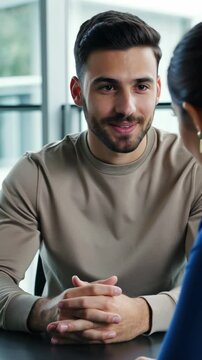 Vertical video of young man having a job interview with a female recruiter