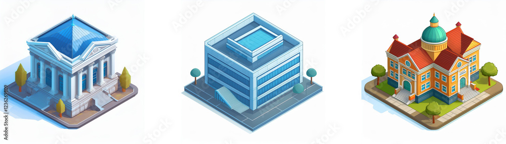 Poster isometric view of three different building styles: classical, modern, and historical. each building 