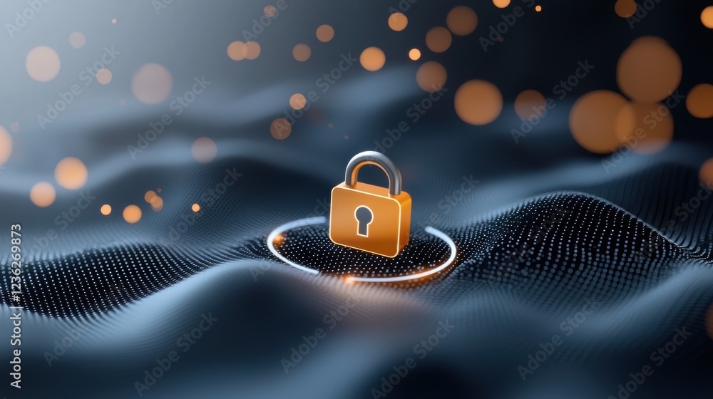 Poster futuristic cybersecurity artwork depicting a glowing padlock floating in an ethereal abstract digita