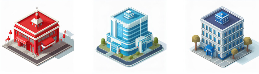 Fototapeta premium Isometric view of three buildings: a fire station, a modern hospital, and an office building. The illustration showcases architectural styles and urban design.