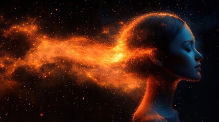 Obraz premium Woman, cosmic, fire, energy, flowing, dark, background, art, profile, meditation
