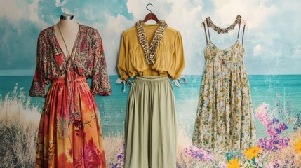 Fototapeta premium Bohemian Summer Dresses on Mannequins Against Beach Backdrop