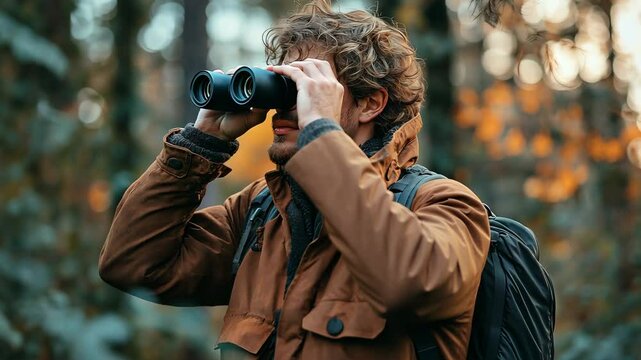 A handsome man using binoculars to observe wildlife, taking in the tranquil forest ambiance, and forestbathing