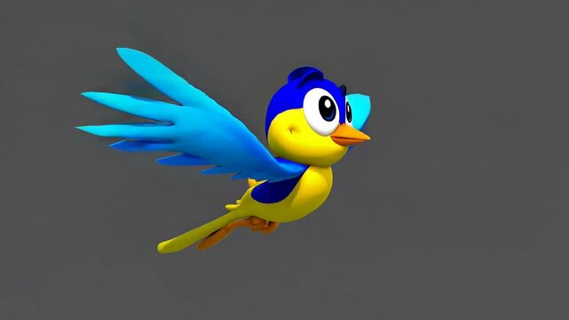 3D animated cartoon bird with blue and yellow feathers, flying happily with wings spread, designed in a colorful and playful style