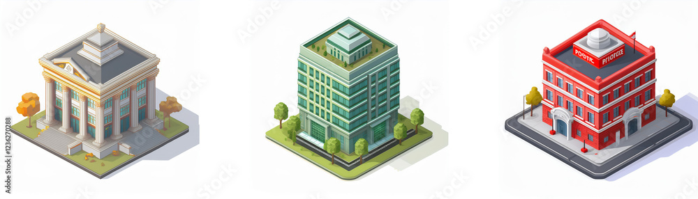 Poster isometric view of three diverse buildings: a classical temple-like structure, a modern skyscraper, a
