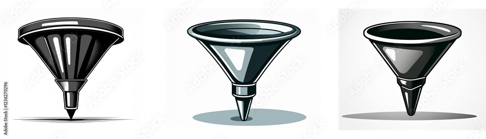 Poster three grayscale icons depicting various kitchen utensils shaped like funnels with pointed bases. the