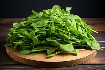 Fresh, vibrant arugula on a wooden cutting board, ready for culinary use