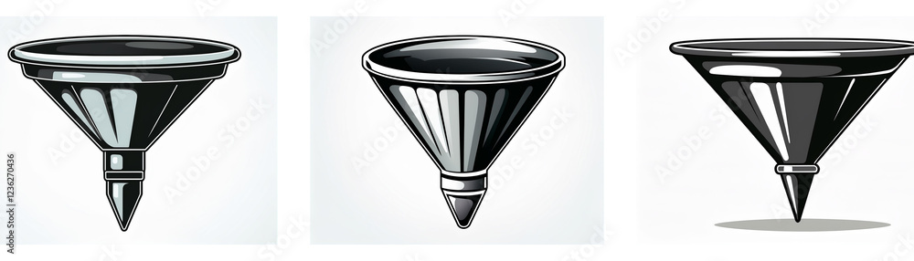 Poster Three grayscale icons depict a kitchen utensil, a funnel with a pointed base.  The variations show differing perspectives.
