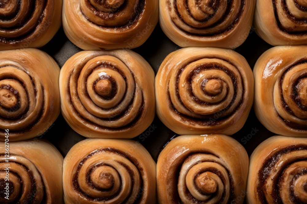 Poster freshly baked cinnamon rolls arranged on a baking sheet, creating a visually appealing pattern, perf