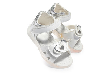 White silver sandals for child on white background, sports shoes, running shoes, comfortable shoes