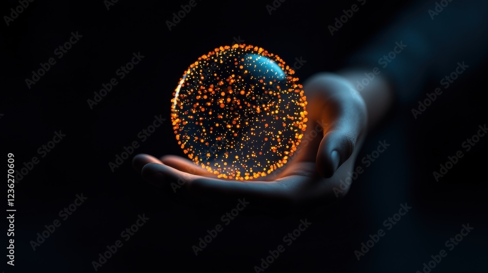 Poster glowing and luminous sphere cupped in the palm of a hand against a dark background with abstract dig