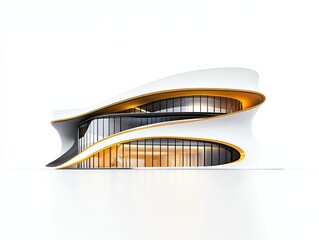 A futuristic building with golden accents, ultramodern architecture, luxury hightech facade, isolated on white background