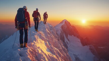 Obraz premium Climbers summit ridge sunrise mountain
