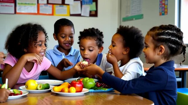 video of happy diverse Preschool children sharing healthy food in classroom