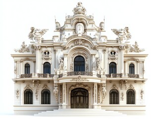 Fototapeta premium A grand opera house, dramatic architectural facade, lavish artistic details, isolated on white background
