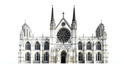 Fototapeta premium A grand cathedral, Gothicinspired architectural facade, detailed stonework, isolated on white background