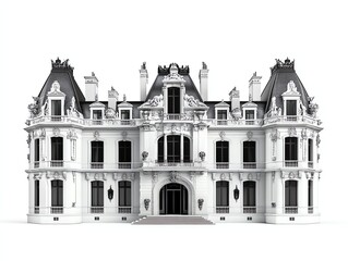 Naklejka premium A royalstyle chateau, French luxury facade, intricate stone carvings, isolated on white background