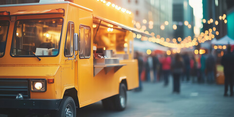 Colorful food truck illuminated by string lights at night. Selling snacks and drinks at music festival. Catering at city fair.