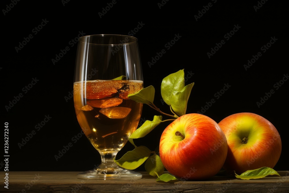 Poster refreshing apple cider in elegant glass, accompanied by ripe red apples with leaves, creating a rust