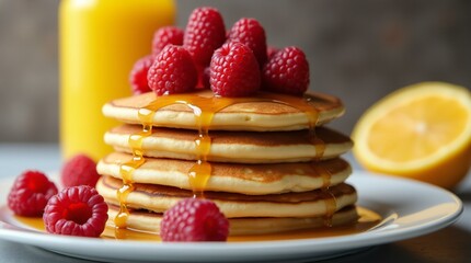 A Stack of Pancakes with Raspberries and Drizzled with Syrup.
