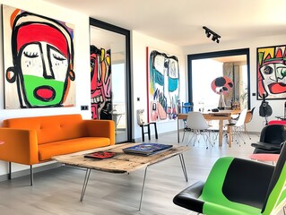 Artistic studio apartment with modern furniture, large art canvases, and creative workspace, inspiring atmosphere