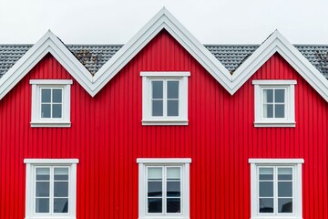 Obraz premium White windows and red grass-roofed houses in the Faroe Islands.