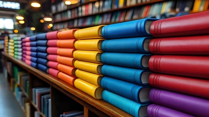 A row of colorful books on a shelf
