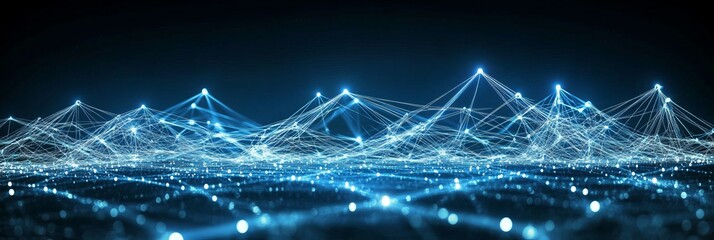 Glowing Network of Interconnected Nodes on a Dark Blue Background With Bokeh Effects, Digital Art.